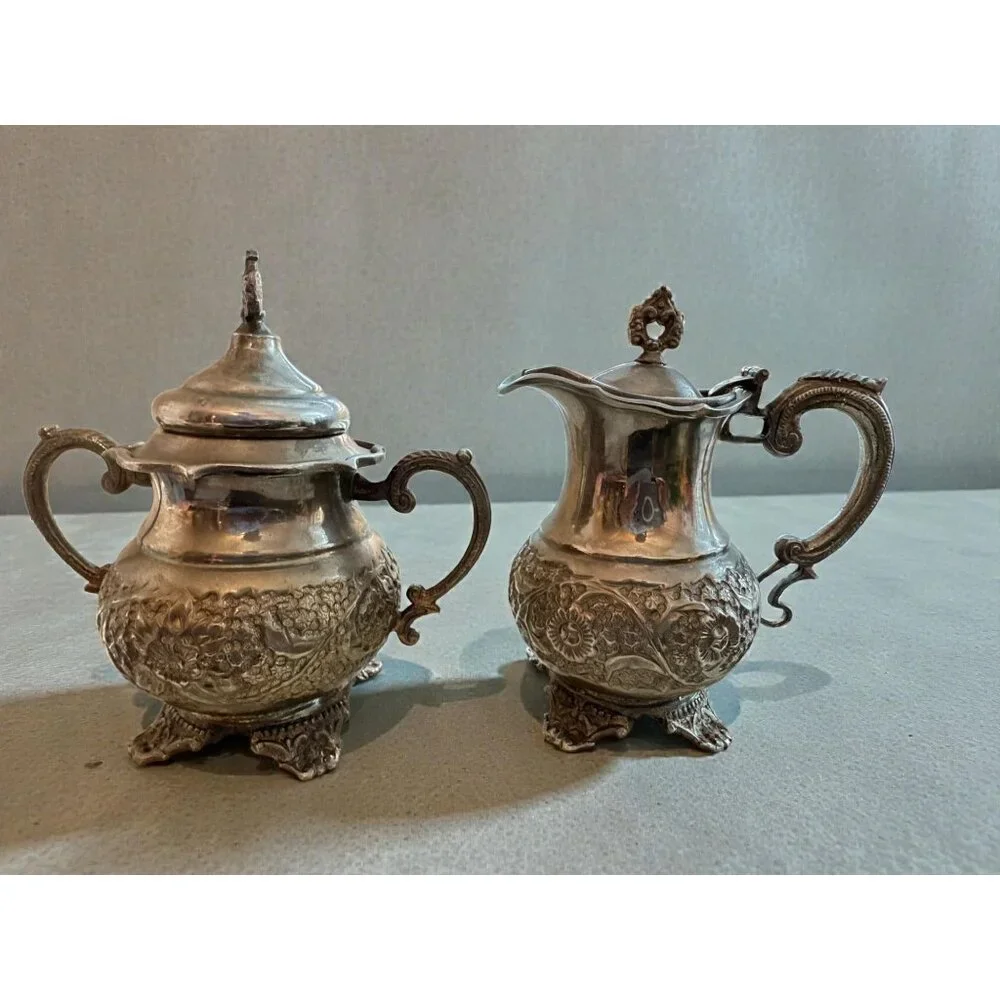 Vintage Silver Plated Creamer & Sugar Bowl Set With Ornate Handles And Feet - Picture 2 of 13